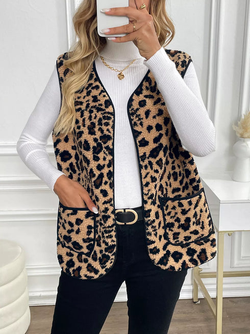 Leopard Fleece Vest Coat with Pockets - Fashorio