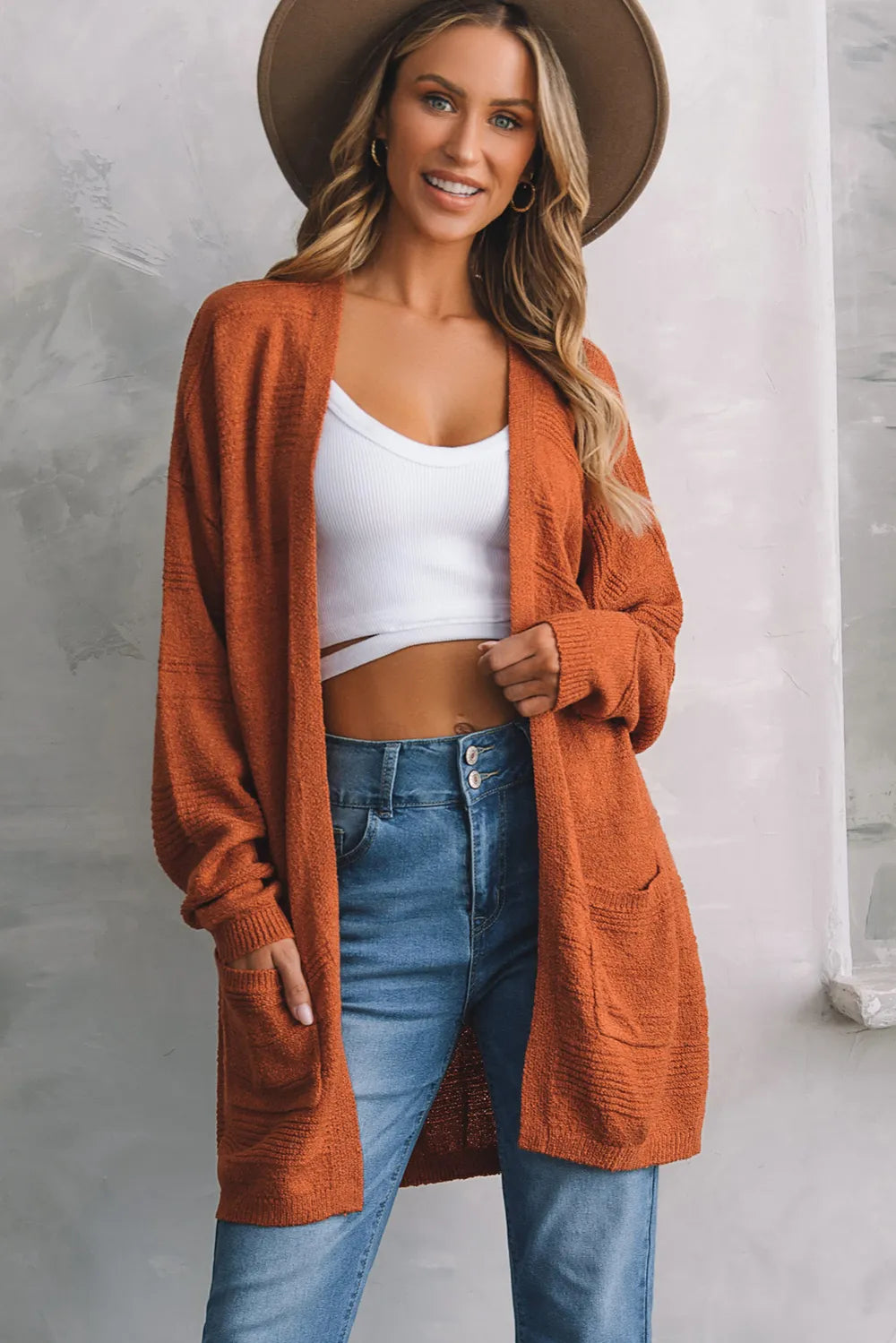 Open Front Textured Cardigan with Pockets - Fashorio