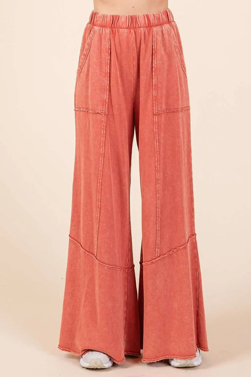 Mittoshop Mineral Wash Wide Flared Leg Pants RUST - Fashorio