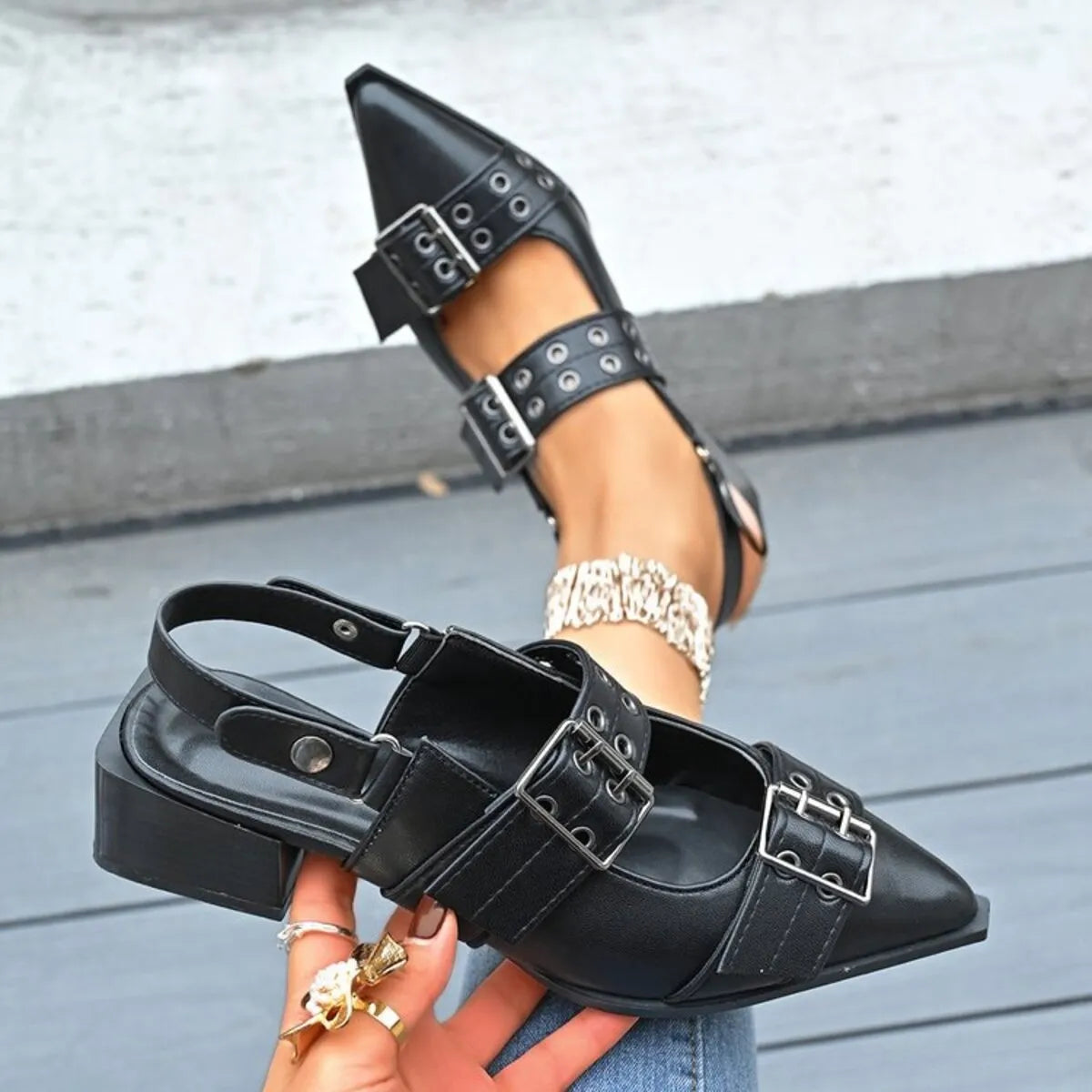 Point Toe Block Heels Slingback Pumps - Fashorio