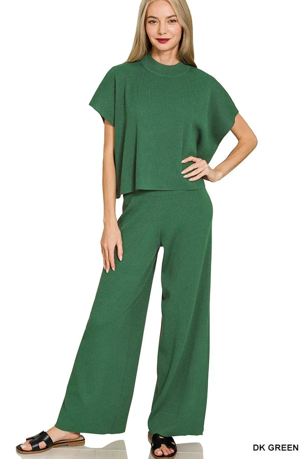 Zenana Viscose Sweater Short Sleeve Top and Pants Set DK GREEN - Fashorio