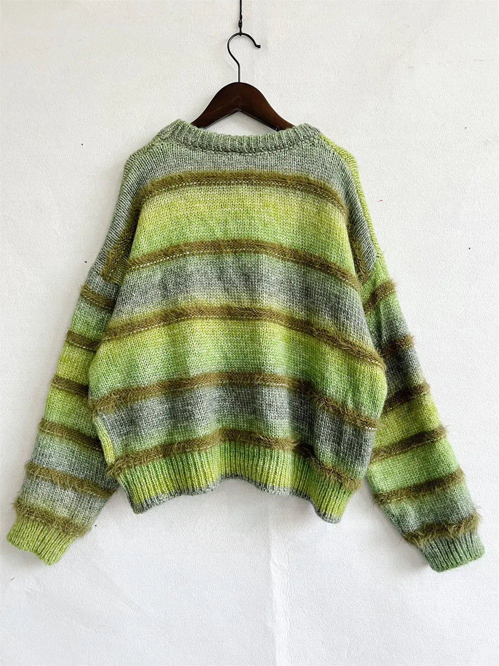 Striped Round Neck Long Sleeve Sweater - Fashorio