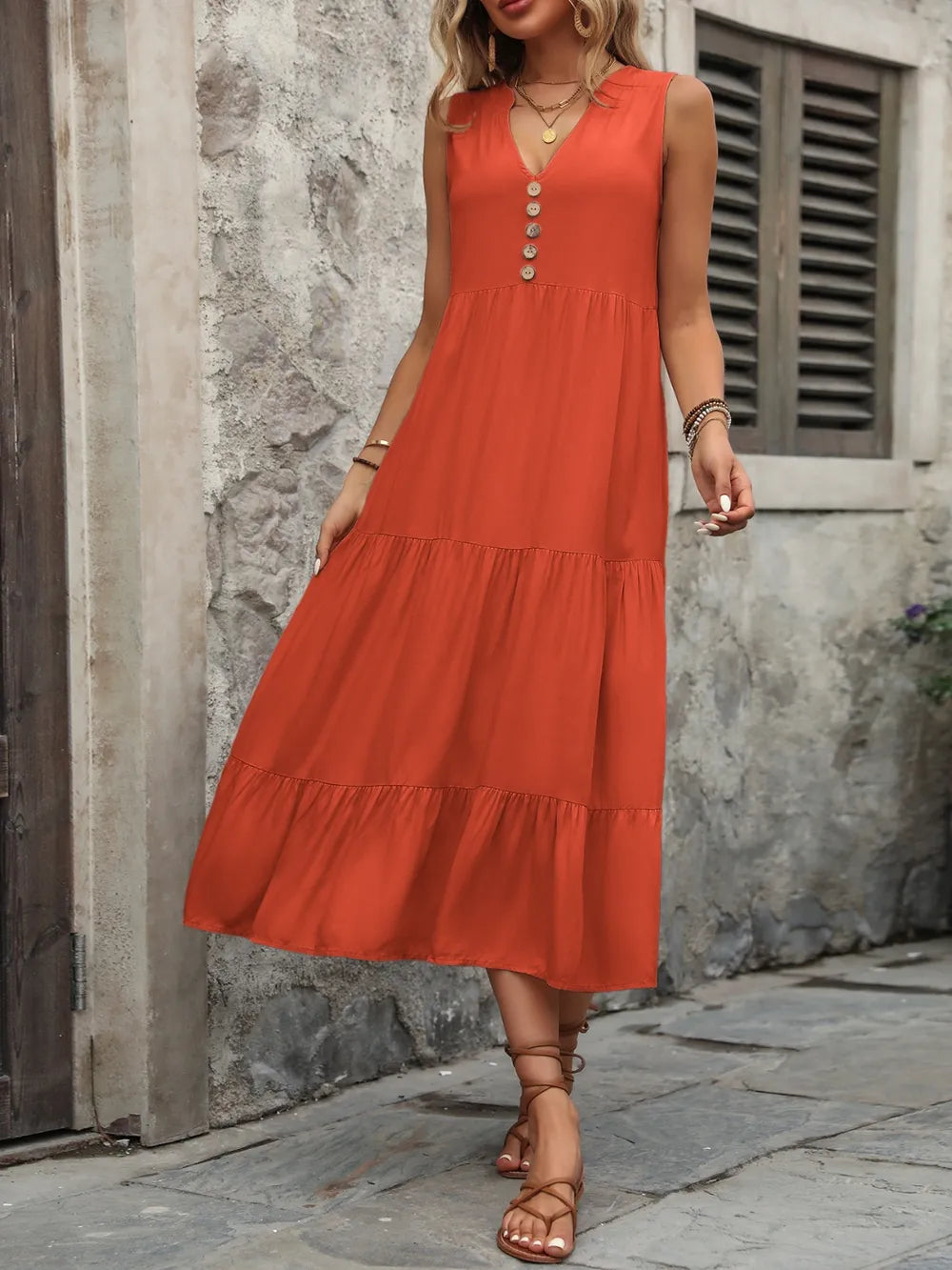 Ivy Lane Decorative Button Notched Sleeveless Dress - Fashorio