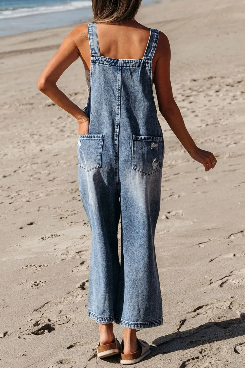 Distressed Bib Pocket Wide Leg Denim Overalls - Fashorio