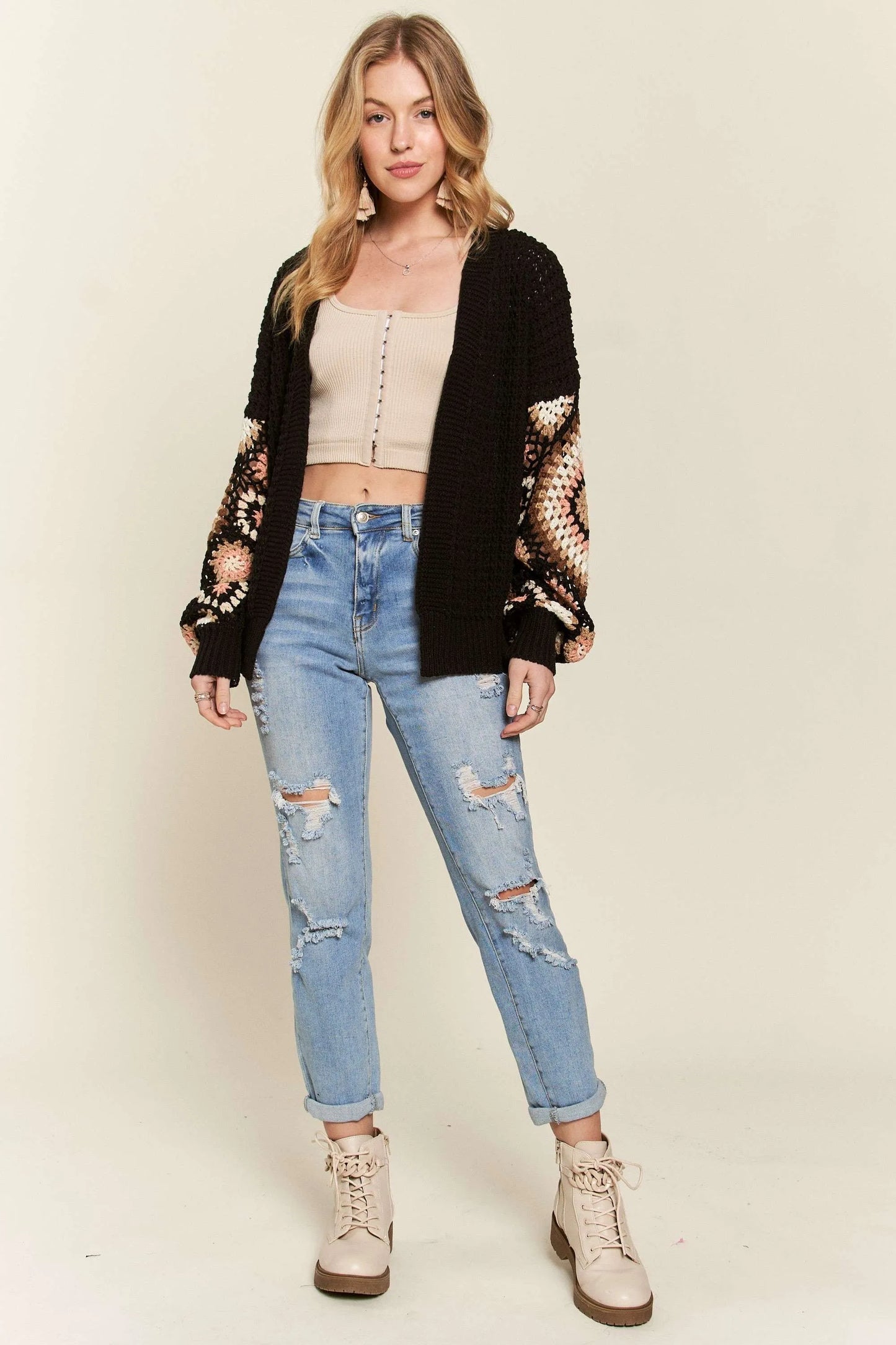 ADORA Multi Color Sleeve Crochet Cardigan - Fashorio