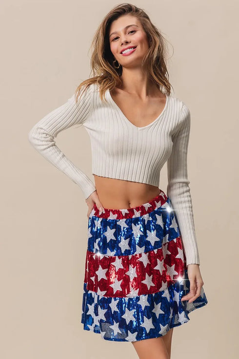 BiBi American Flag Theme Star Sequin Tiered Skirt - Fashorio