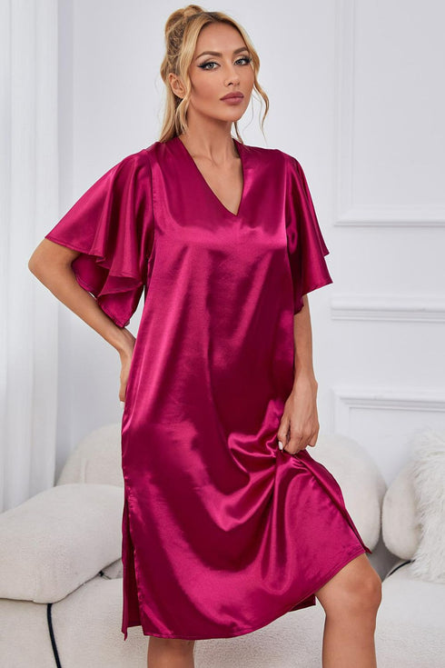 Satin Flutter Sleeve Side Slit V-Neck Night Dress - Fashorio