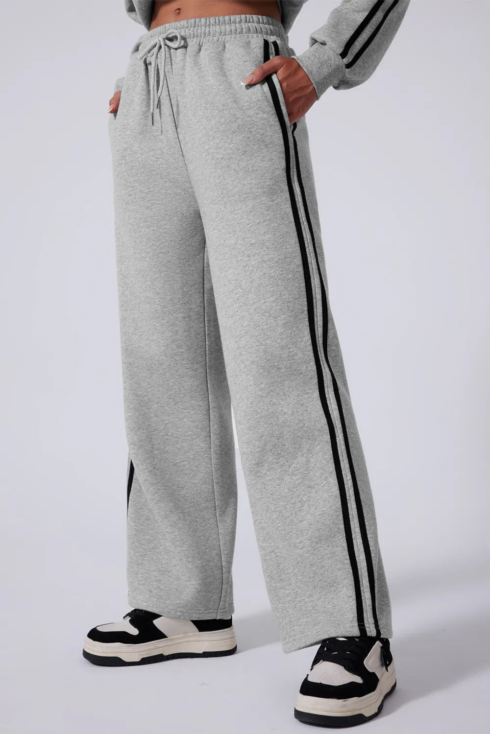 Side Striped Round Neck Top and Pants Active Set - Fashorio