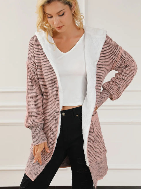 Open Front Hooded Winter Coat with Pockets Blush Pink - Fashorio