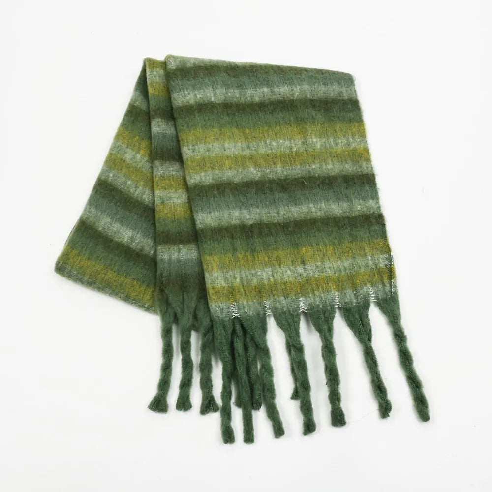 Fringe Contrast Striped Polyester Scarf Dark Green One Size - Fashorio