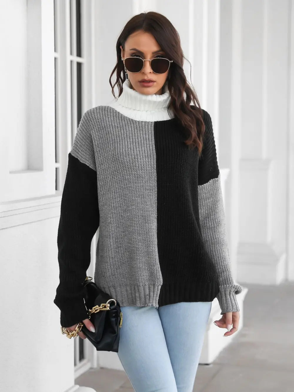 Contrast Turtleneck Long Sleeve Sweater - Fashorio