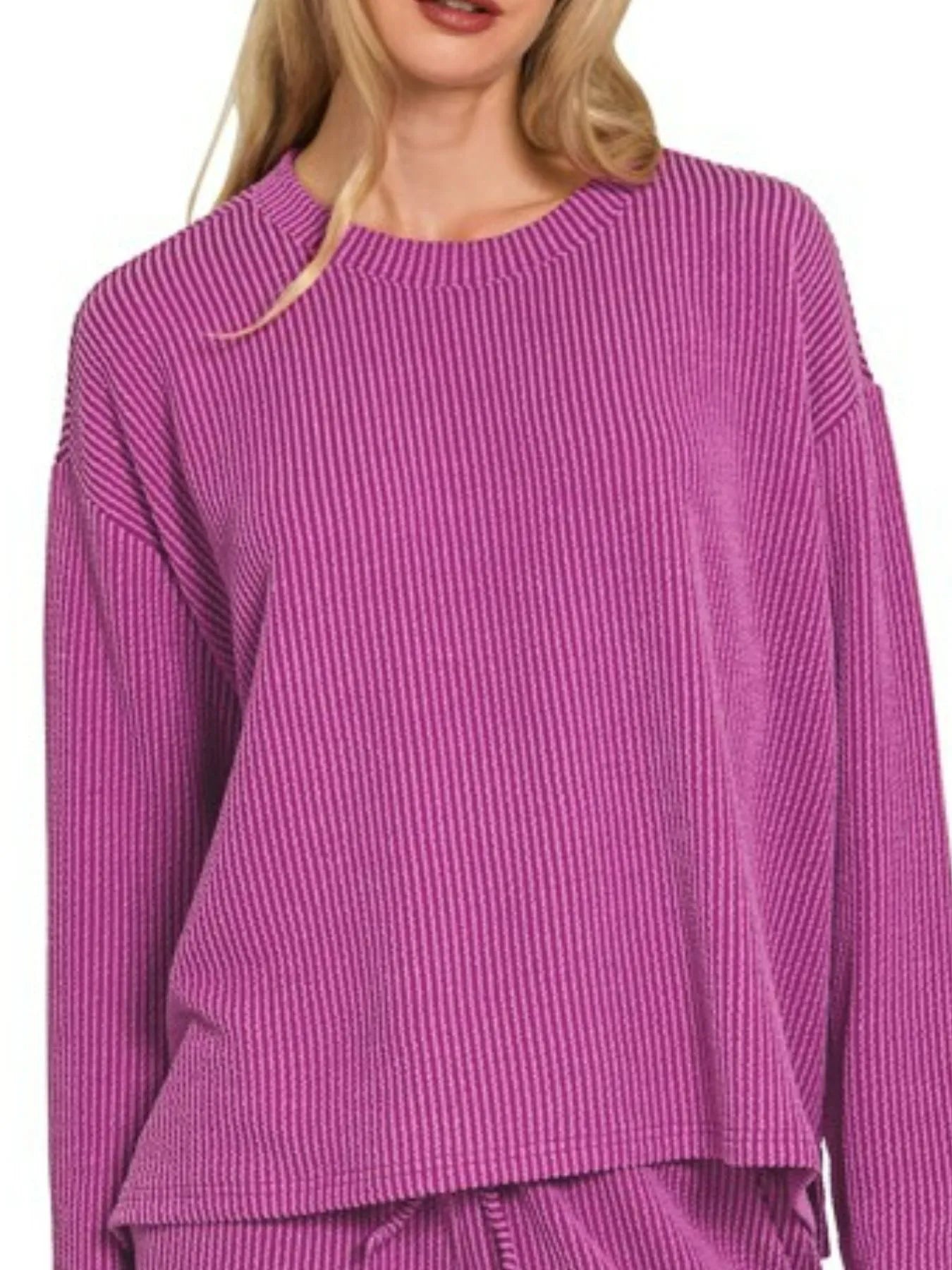Zenana Corded Rib Long Sleeve Tee and Shorts Set - Fashorio