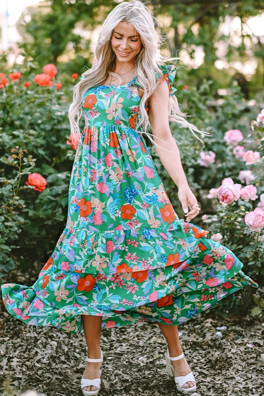 Tiered Ruffled Printed Sleeveless Dress - Fashorio
