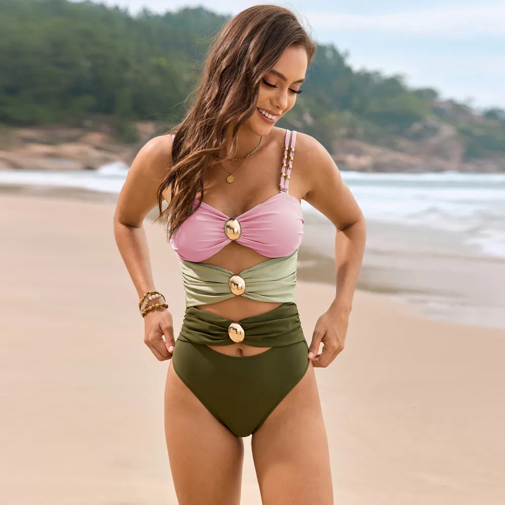 Color Block Sweetheart Neck One-Piece Swimwear Blush Pink L - Fashorio
