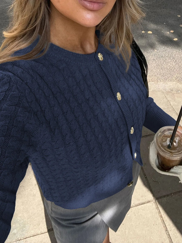 Cable Knit Button-Up Cardigan Dark Blue - Fashorio