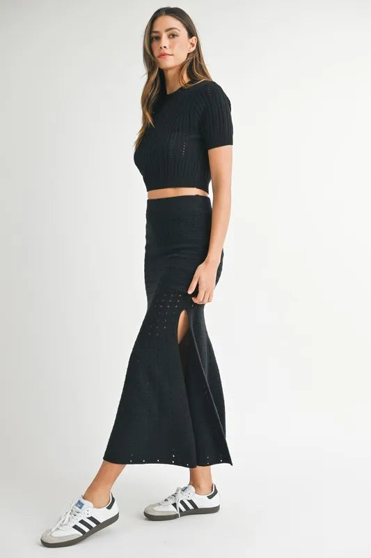 MABLE Pointelle Short Sleeve Crop Top and Slit Skirt Sweater Set - Fashorio