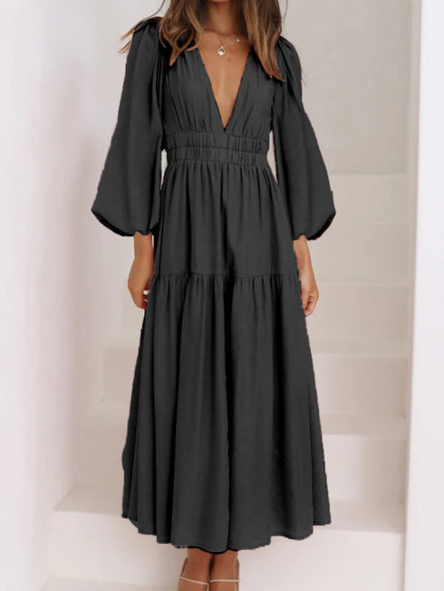 Deep V-Neck Balloon Sleeve Plain Maxi Dress - Fashorio