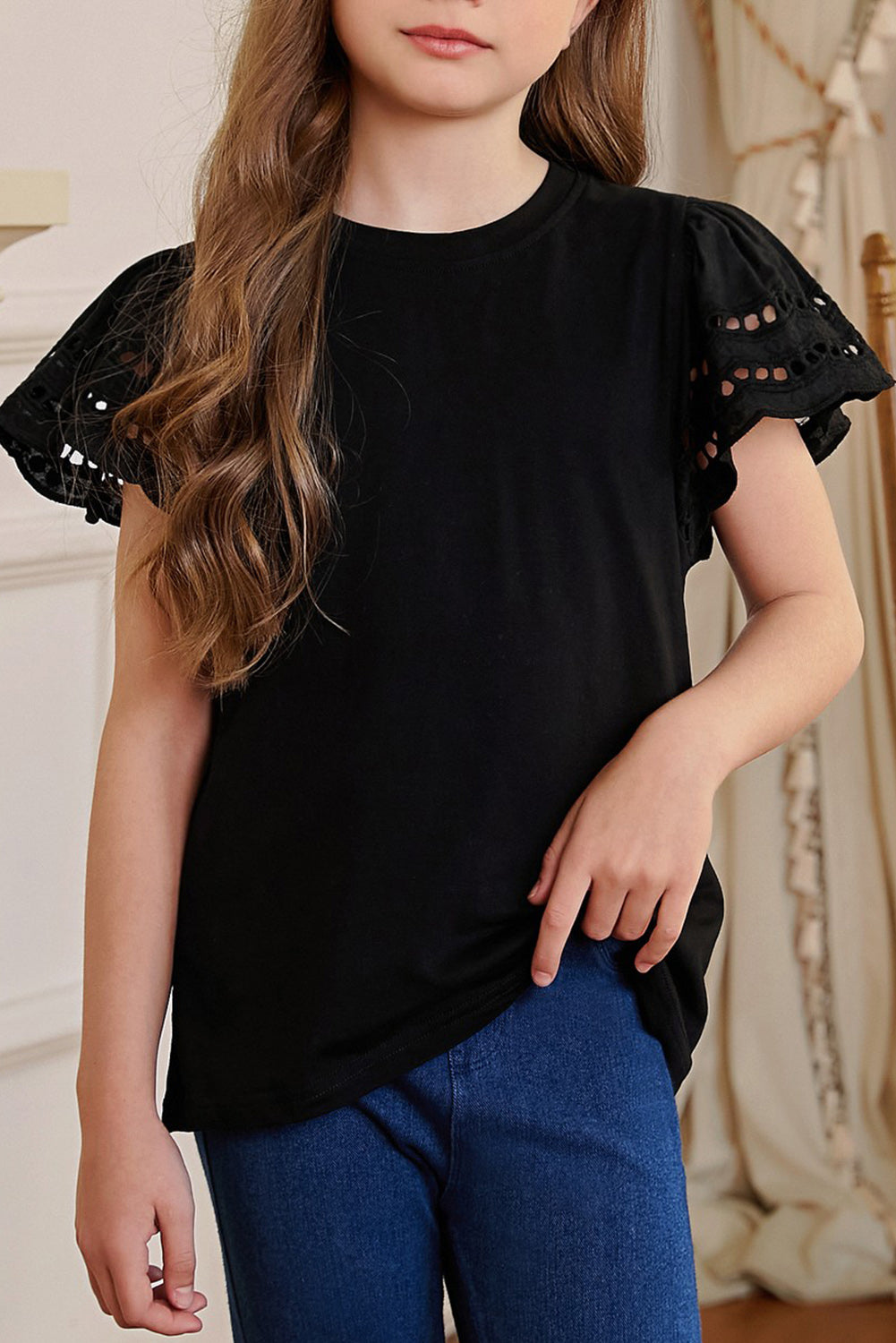 Round Neck Flutter Sleeve T-Shirt Black - Fashorio
