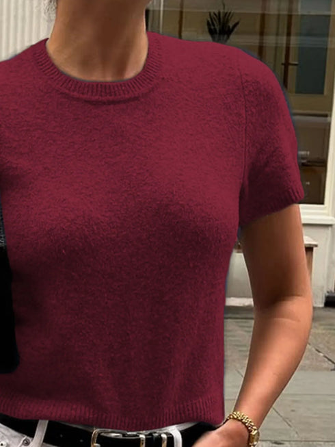 Round Neck Short Sleeve Sweater - Fashorio