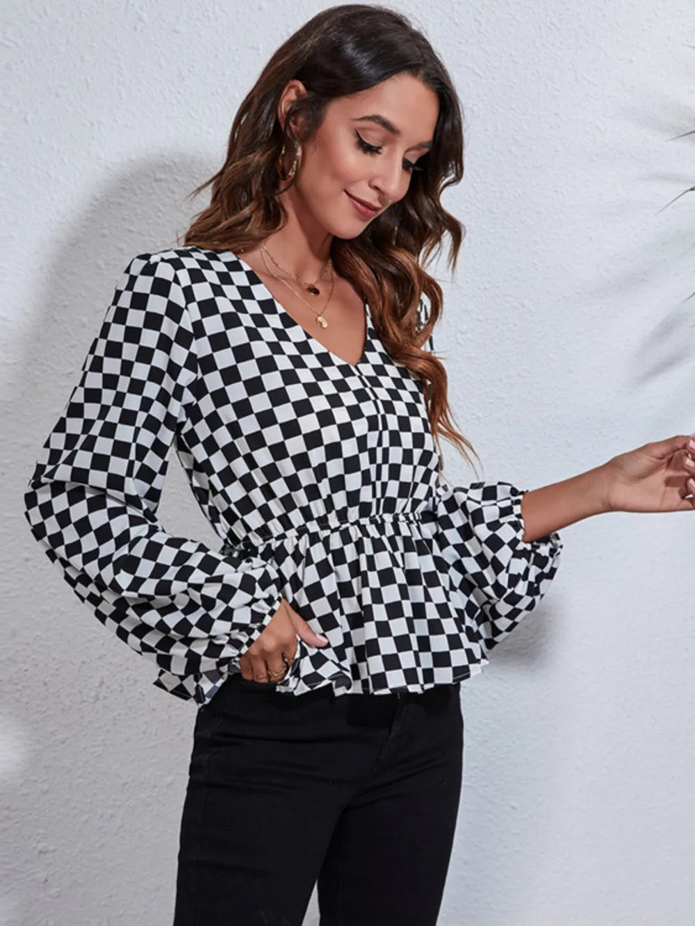 Checkered V-Neck Balloon Sleeve Peplum Blouse - Fashorio