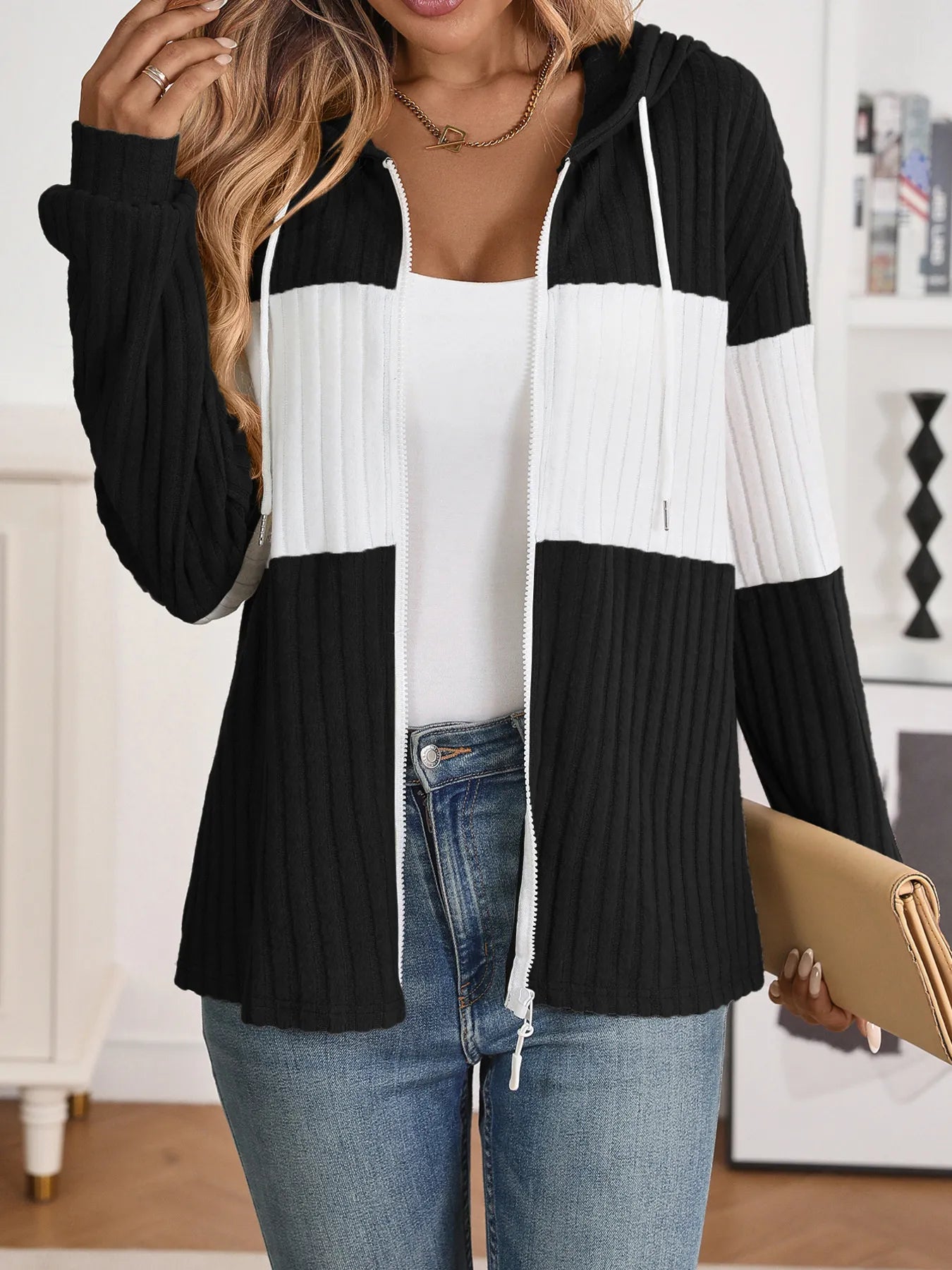Drawstring Color Block Zip Up Outerwear - Fashorio
