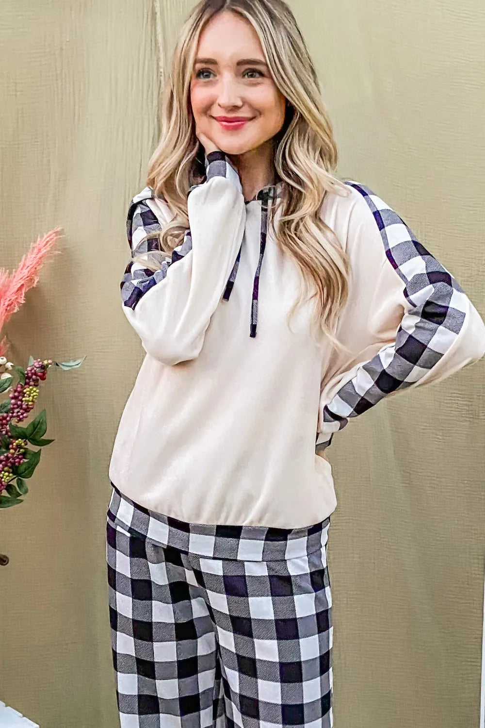 And The Why Drawstring Hooded Top and Plaid Pants Lounge Set White Black - Fashorio