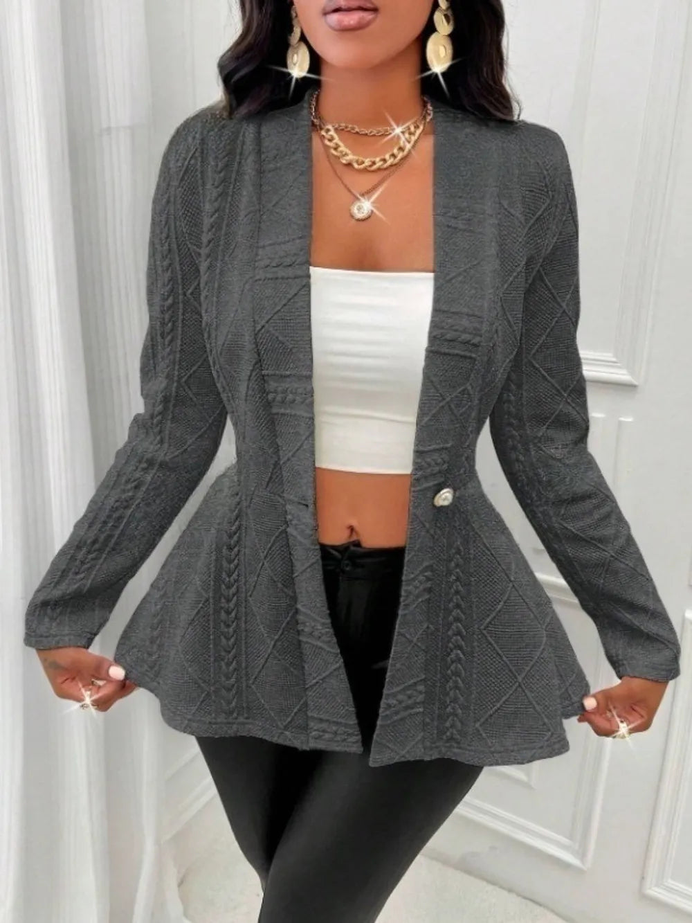 One Button Textured Peplum Cardigan Dark Gray - Fashorio