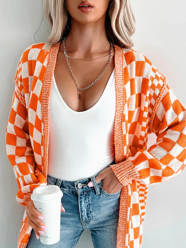 Checkered Pattern Open Front Cardigan Tangerine - Fashorio