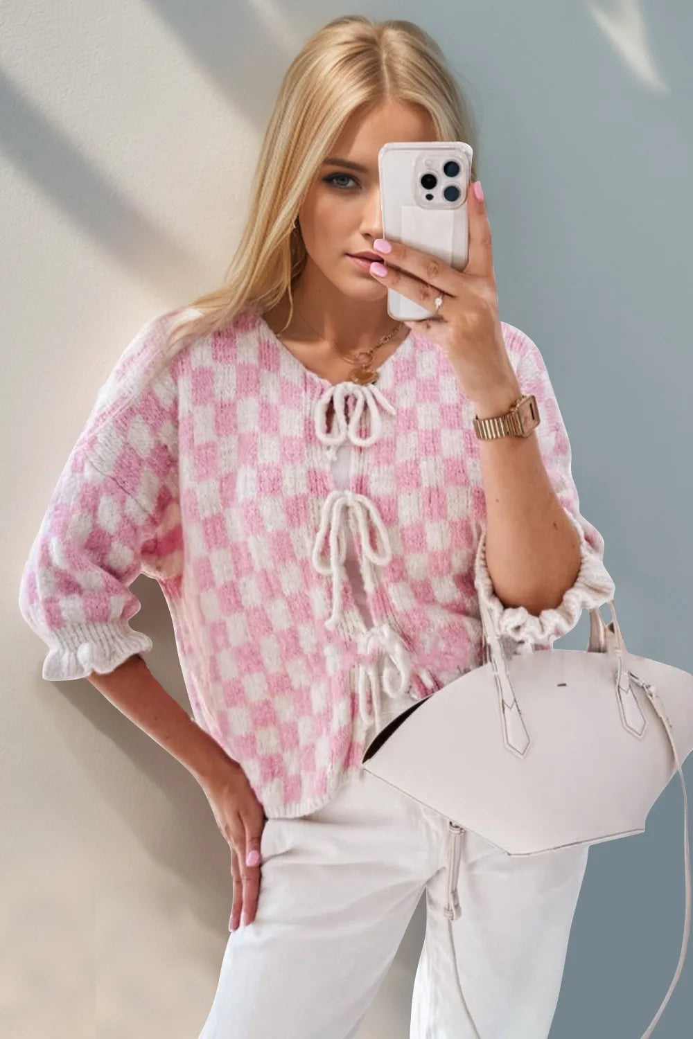 Double Take Tied Checkered Dropped Shoulder Flounce Sleeve Cardigan - Fashorio