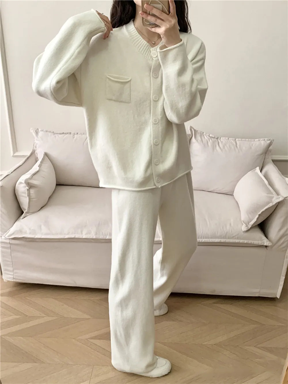 Pocketed Round Neck Button Up Cardigan and Pants Sweater Set - Fashorio