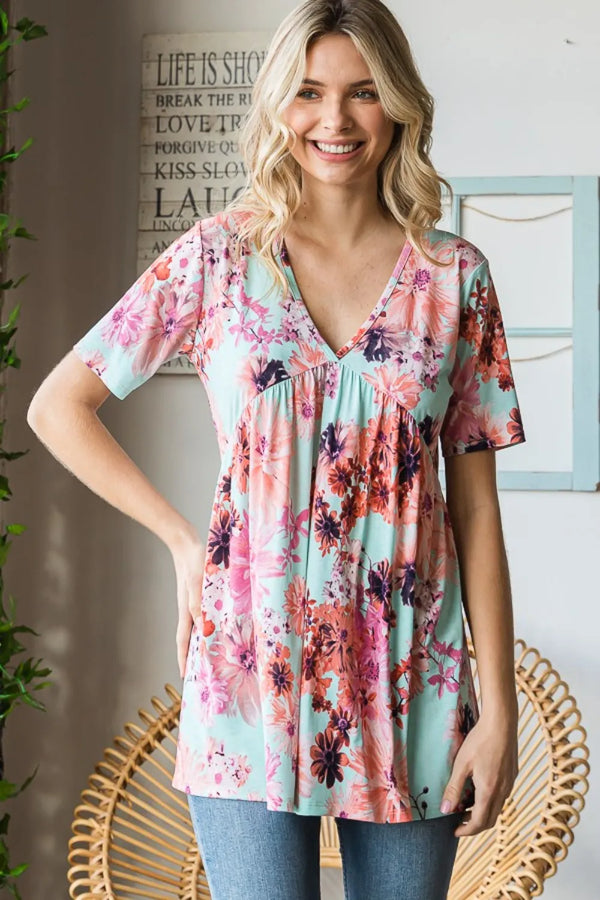 Heimish Full Size Floral V-Neck Short Sleeve Babydoll Blouse MINT - Fashorio