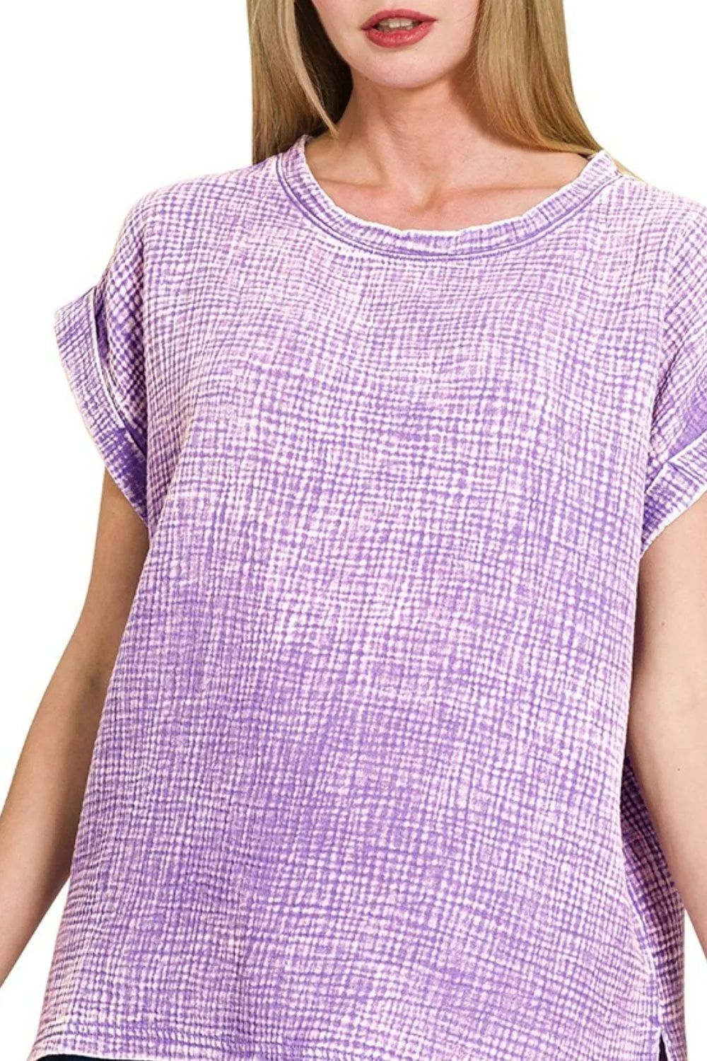 Zenana Woven Double Gauze Acid Washed Short Sleeve Top - Fashorio