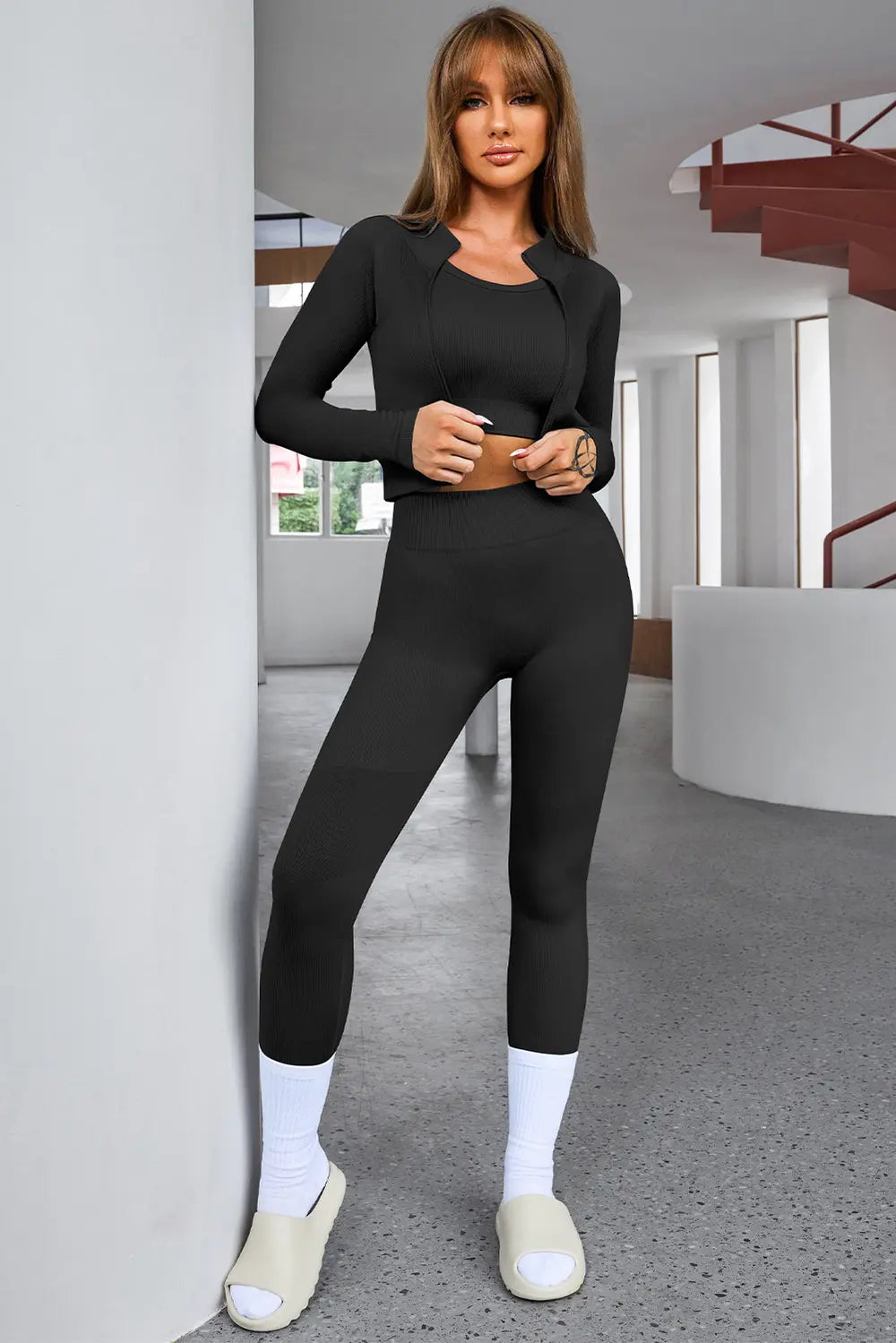 Tank Cropped Active Top and Pants Set Black - Fashorio