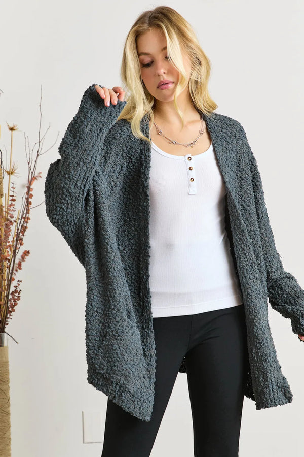 ADORA Popcorn Knit Open Front Long Sleeve Cardigan DARK OLIVE One Size - Fashorio