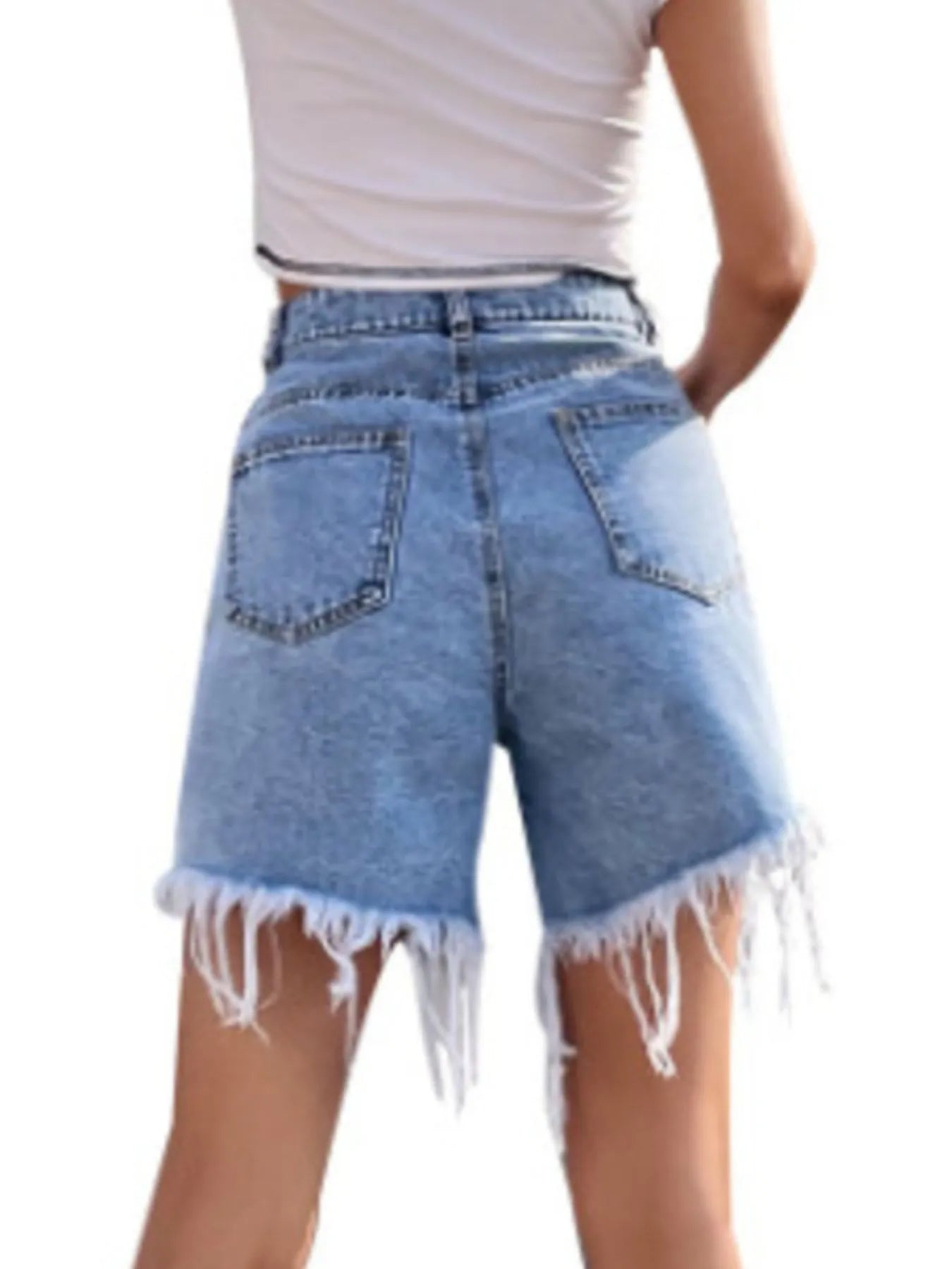 High Waisted Frayed Hem Denim Shorts - Fashorio