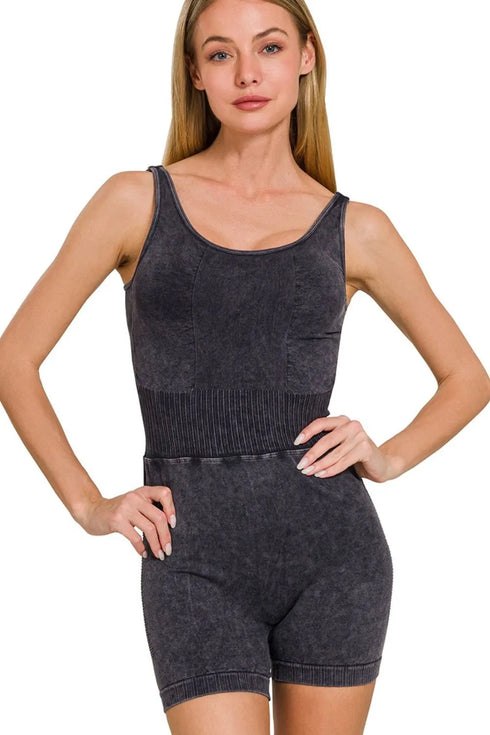 Zenana Washed Sports Romper With Removable Bra Pad - Fashorio