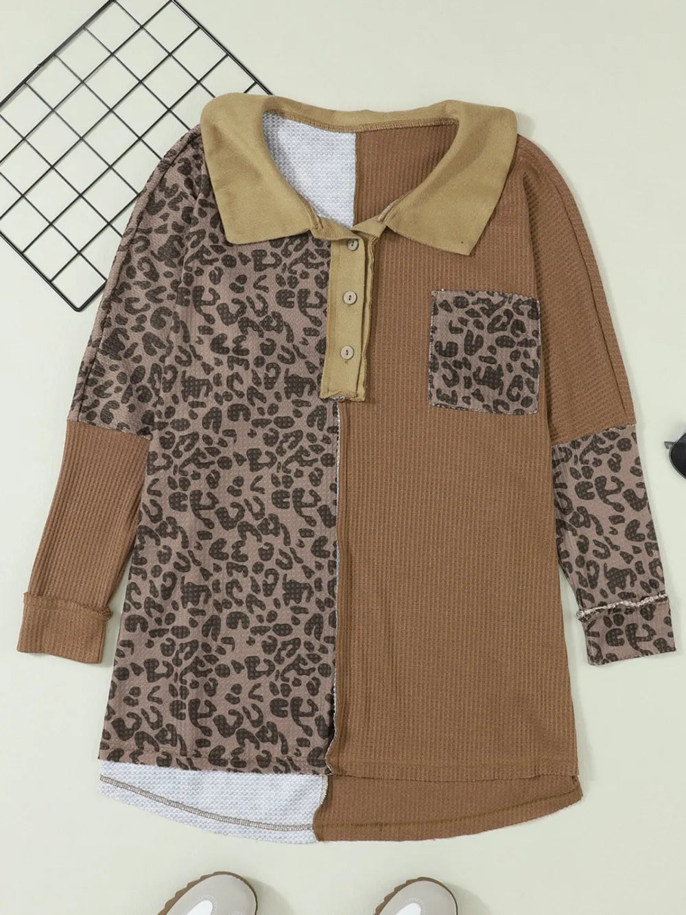 Half Button Leopard Collared Neck Blouse Taupe - Fashorio
