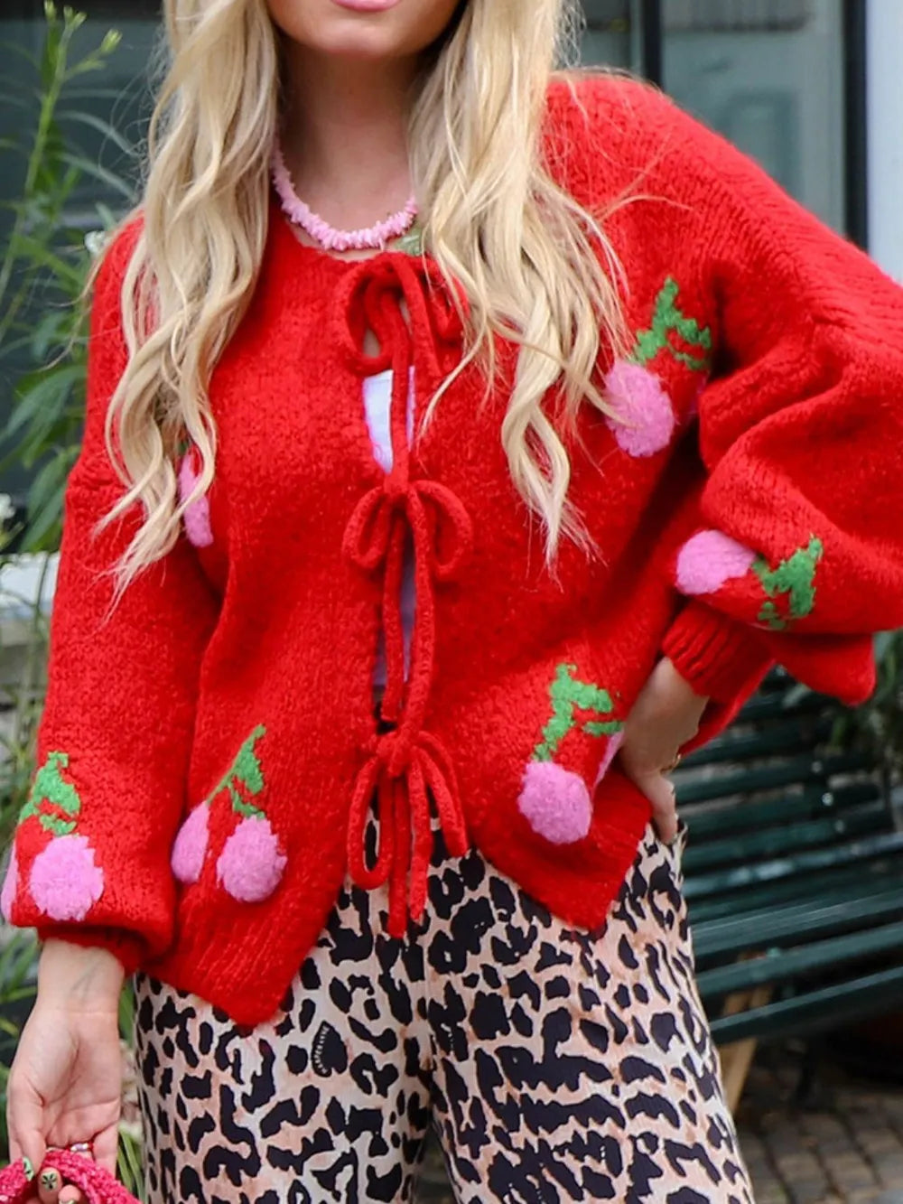 Tied Cherry Round Neck Long Sleeve Cardigan Red - Fashorio