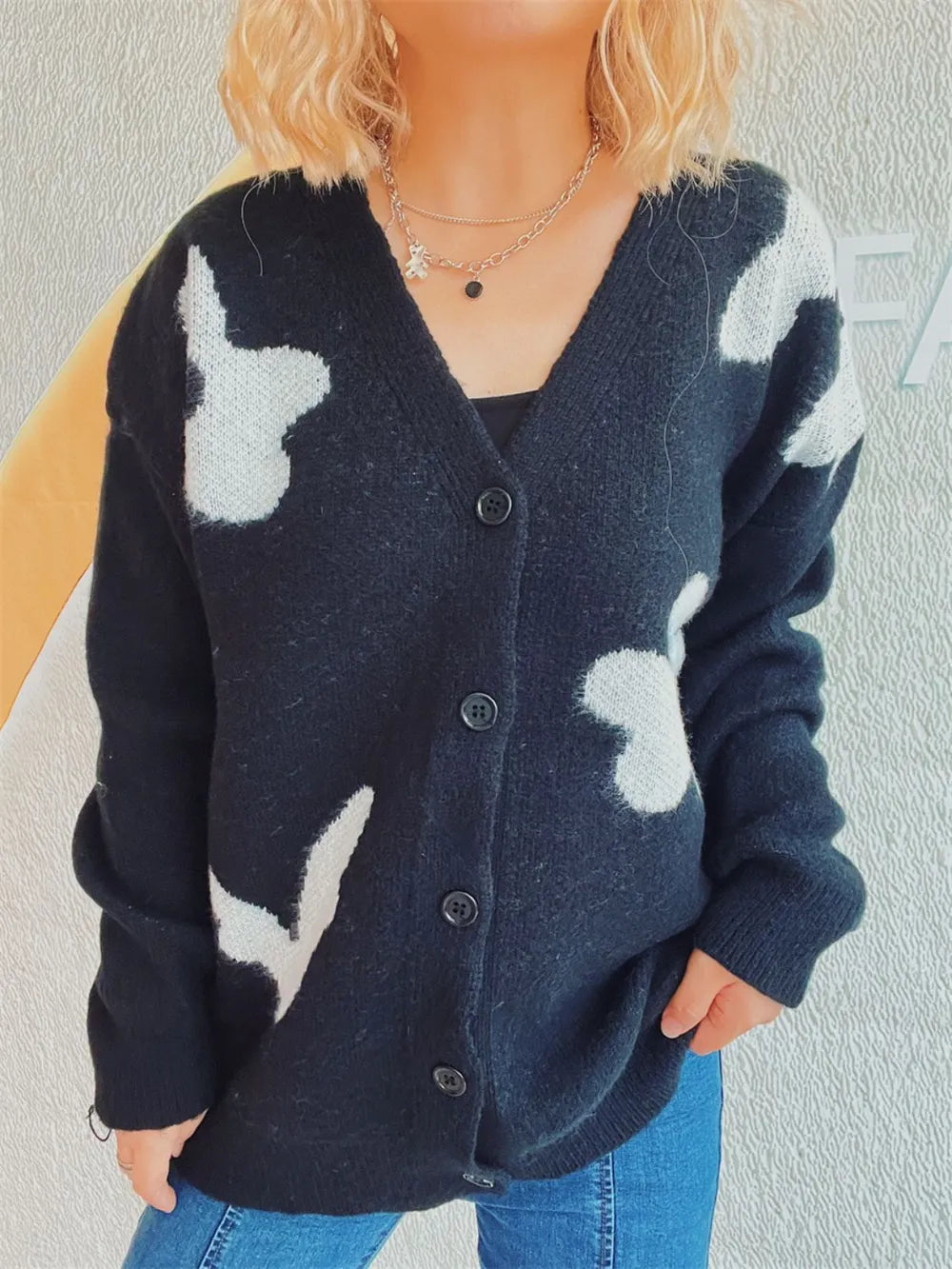 Flower Button Down V-Neck Long Sleeve Cardigan Black One Size - Fashorio