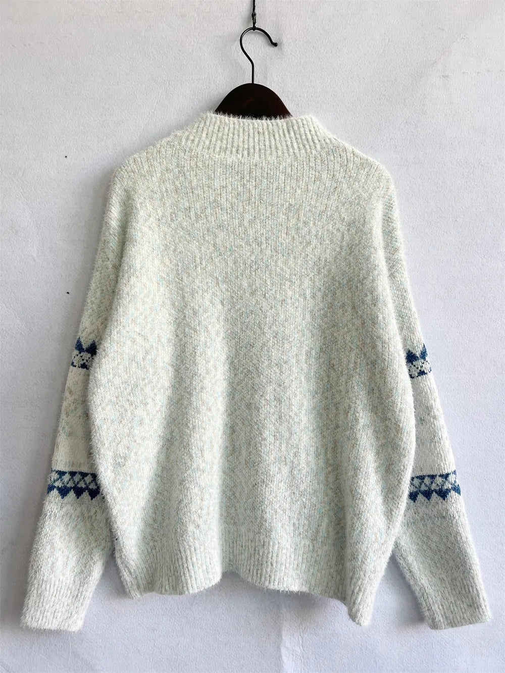 Geometric Mock Neck Dropped Shoulder Sweater - Fashorio