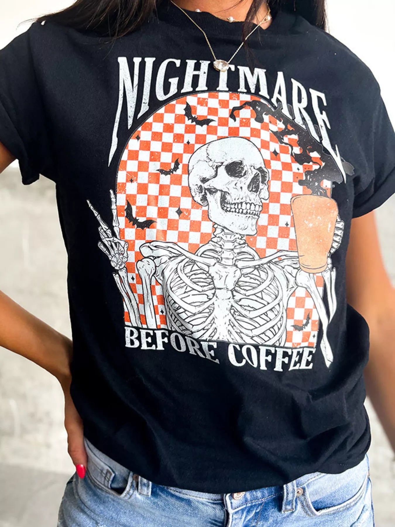 Halloween Skull Checkerboard Graphic Round Neck Tee - Fashorio