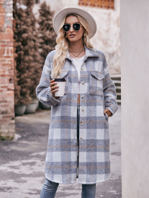 Mandy Plaid Dropped Shoulder Slit Coat Gray - Fashorio