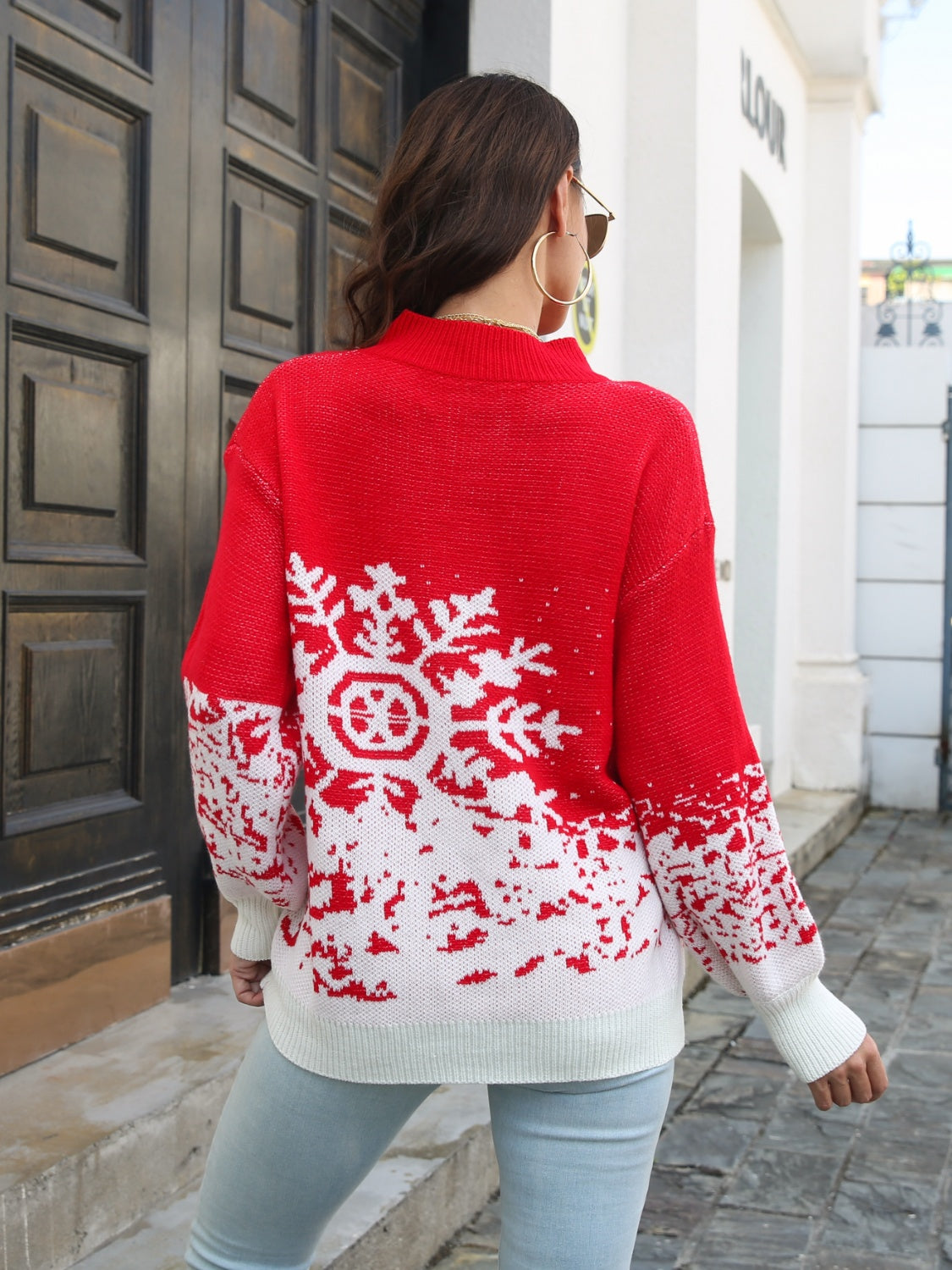 Snowflake Pattern Mock Neck Sweater - Fashorio
