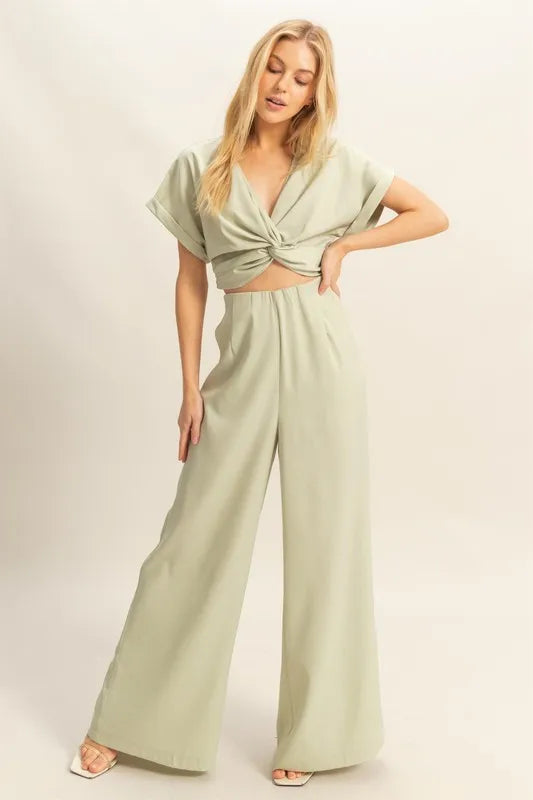 HYFVE Twisted Front Short Sleeve Top and Wide Leg Pants Set Sage - Fashorio