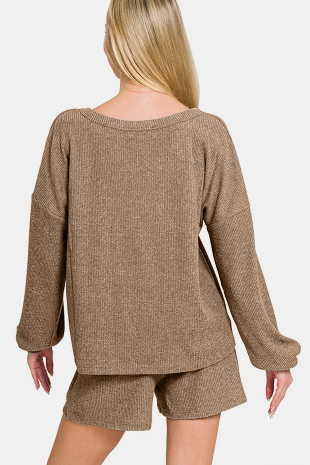 Zenana V-Neck Long Sleeve Ribbed Top and Shorts Set - Fashorio