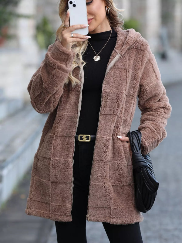 Fleece Zip Up Hooded Outerwear Khaki - Fashorio