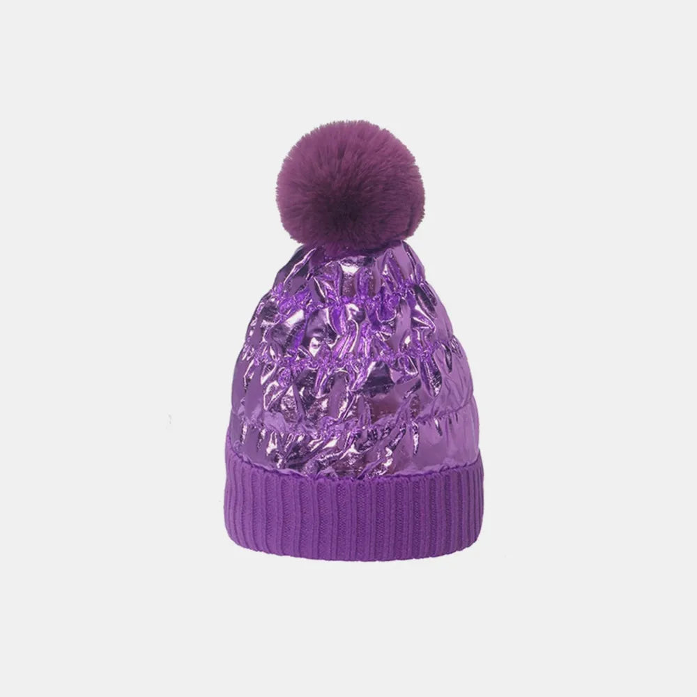 Thermal Knit Hat with Pompom Purple One Size - Fashorio