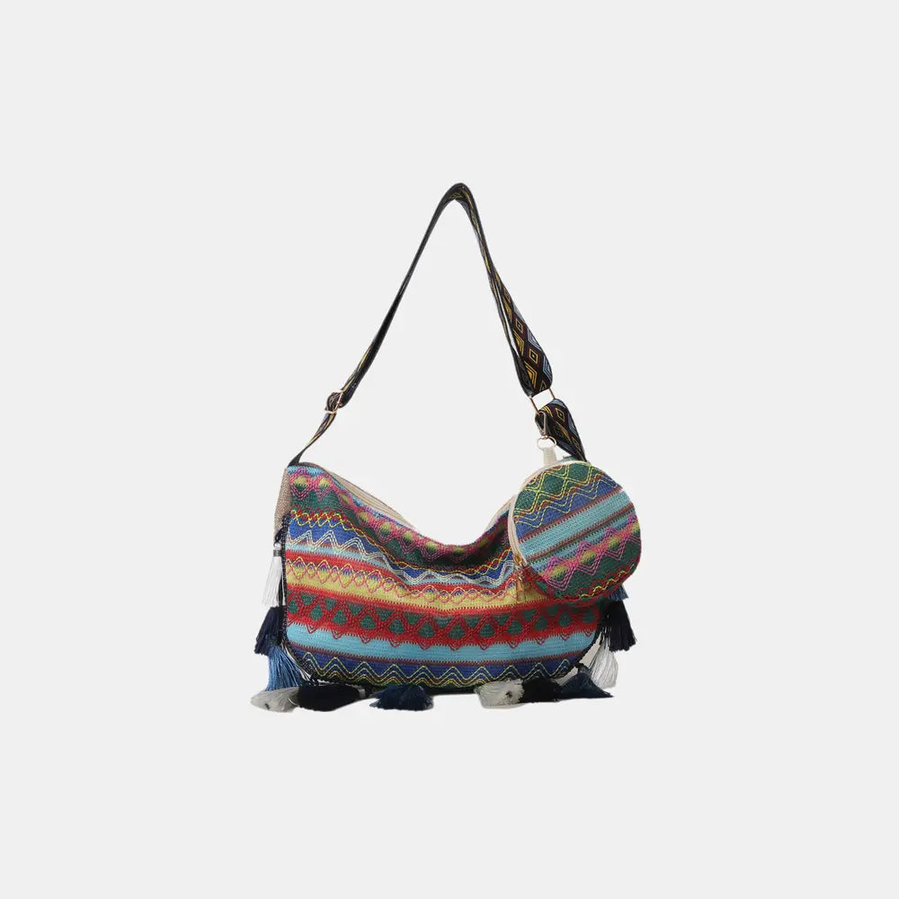Printed Tassel Detail Crossbody Bag with Small Purse Light Blue One Size - Fashorio