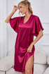 Satin Flutter Sleeve Side Slit V-Neck Night Dress - Fashorio