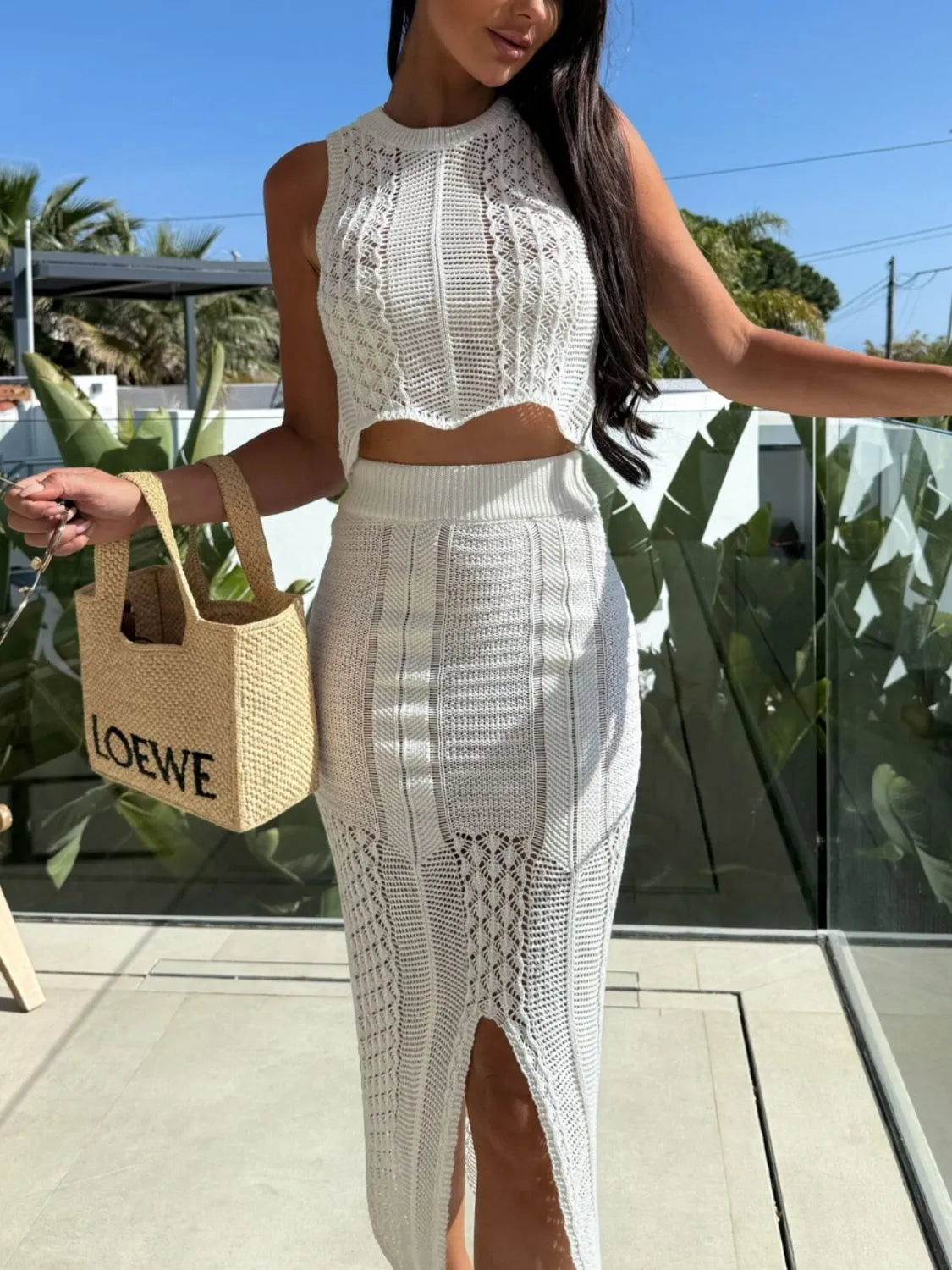 Openwork Round Neck Top and Slit Skirt Sweater Set - Fashorio